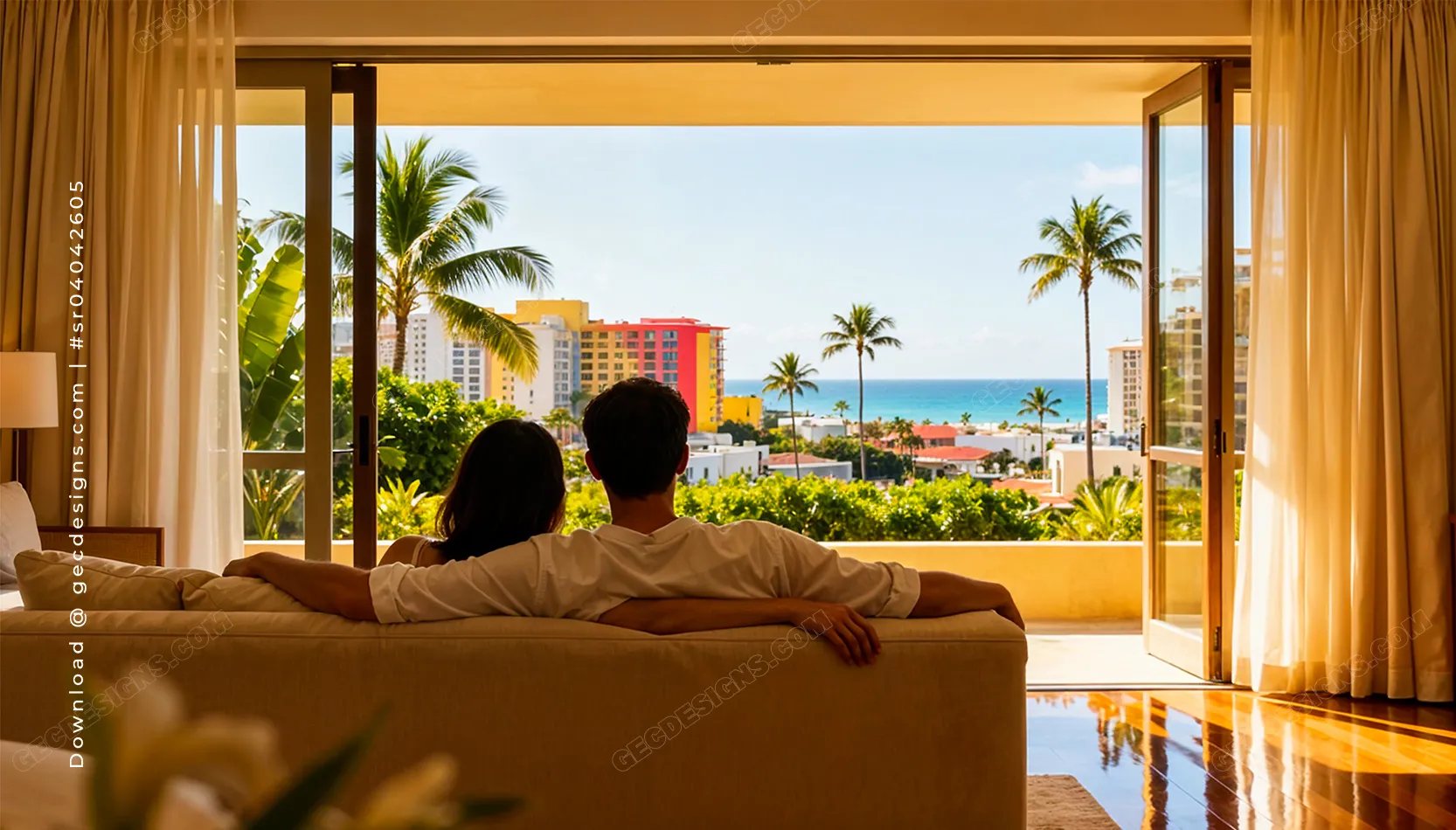Luxury living room, ocean view, tropical apartment interior with balcony and palm trees
