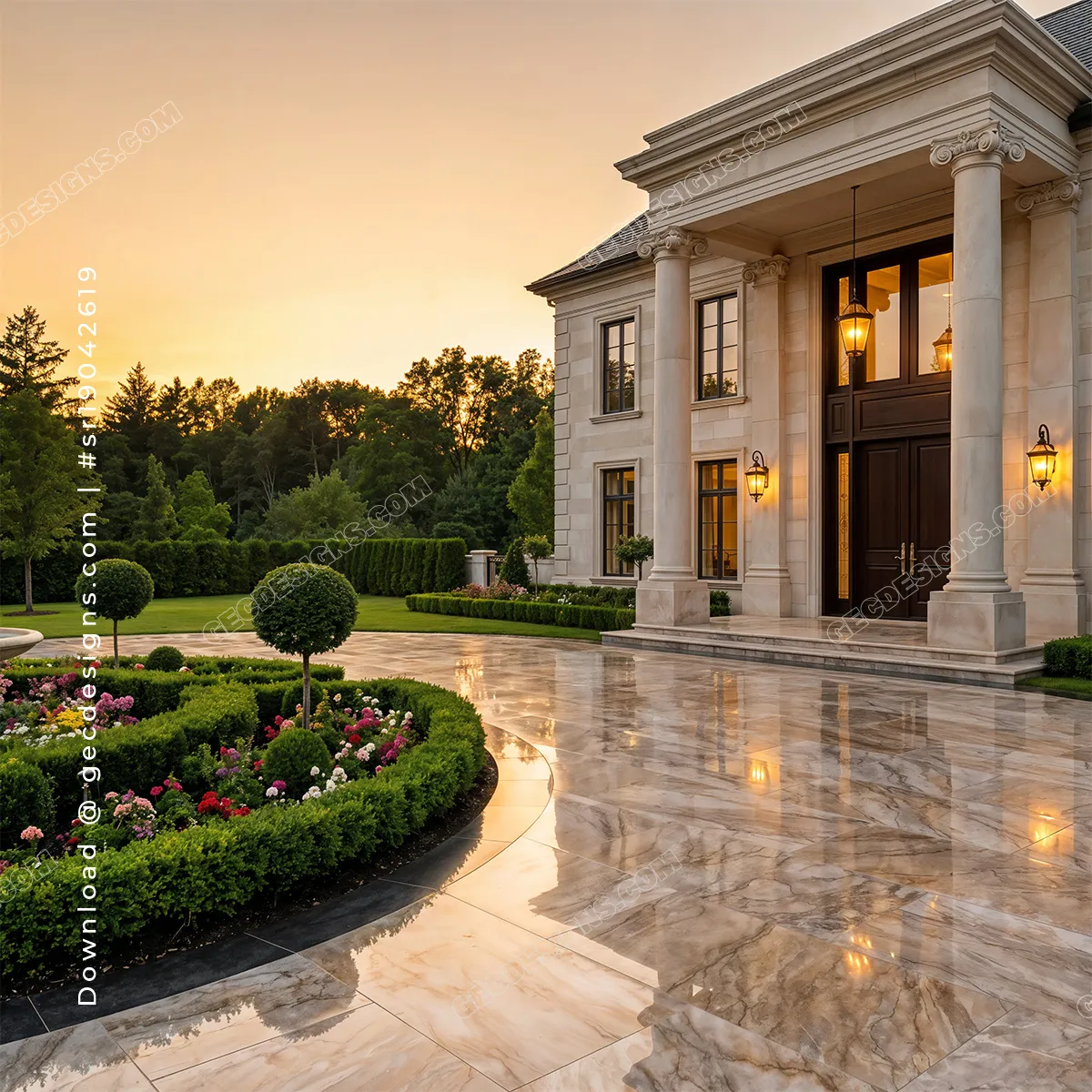 Luxury Mansion entrance with columns and landscaped garden, Real Estate background image