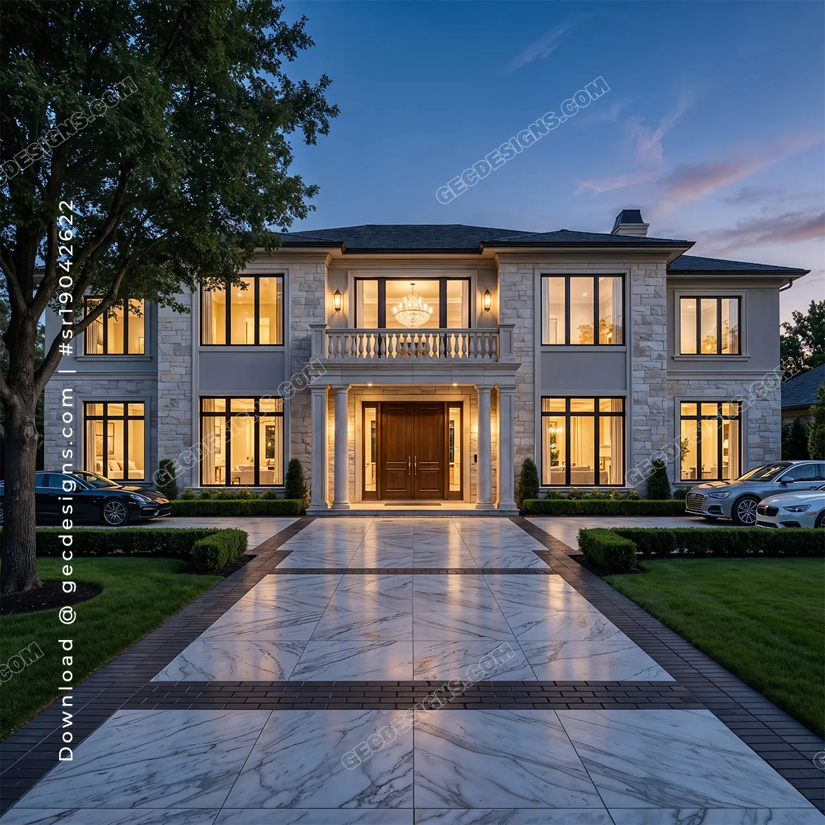 Luxury Mansion exterior with Grand entrance and Marble driveway, Real Estate background image