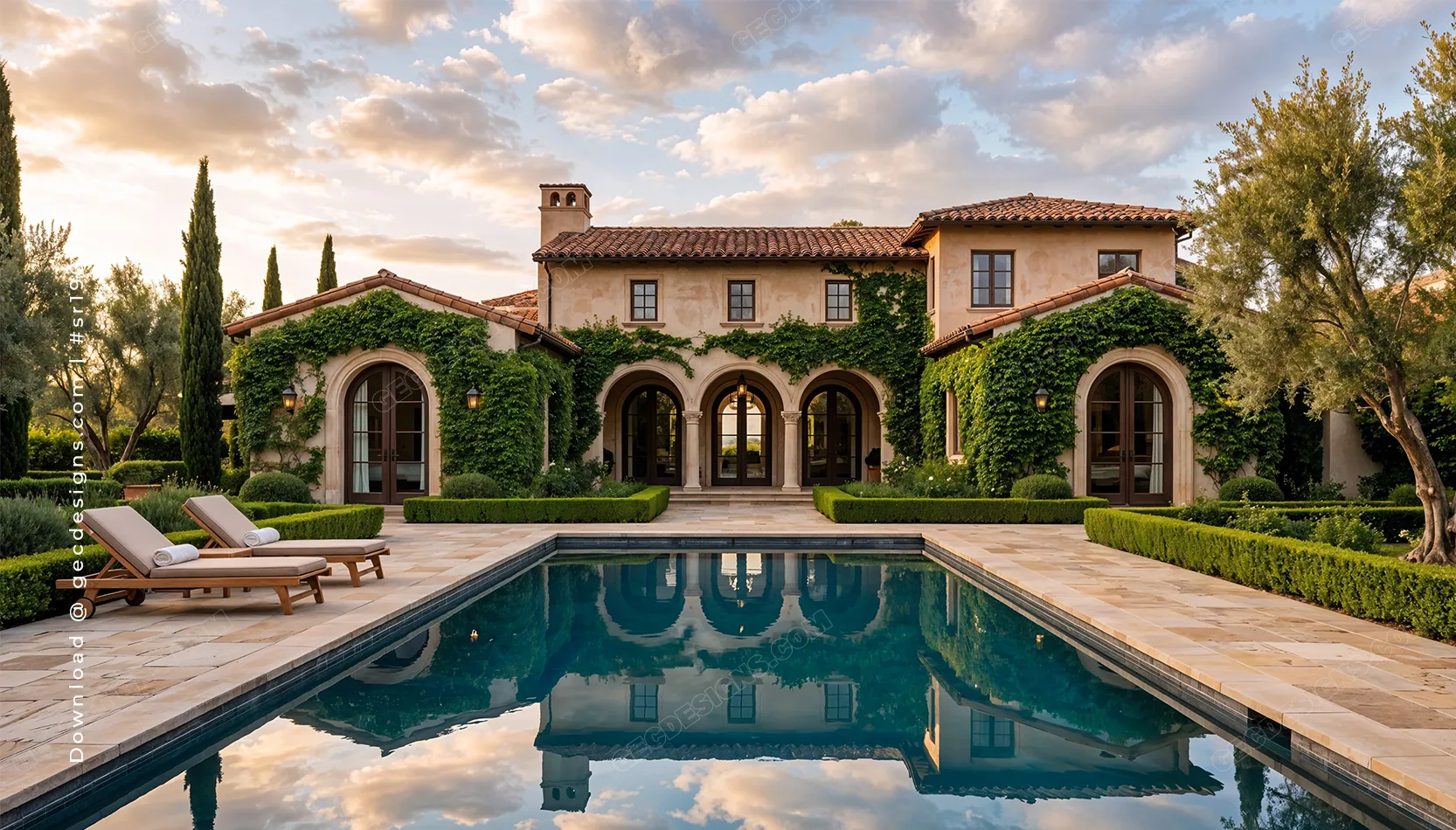 Luxury Mediterranean Villa with Pool and landscaped courtyard, Real Estate background image