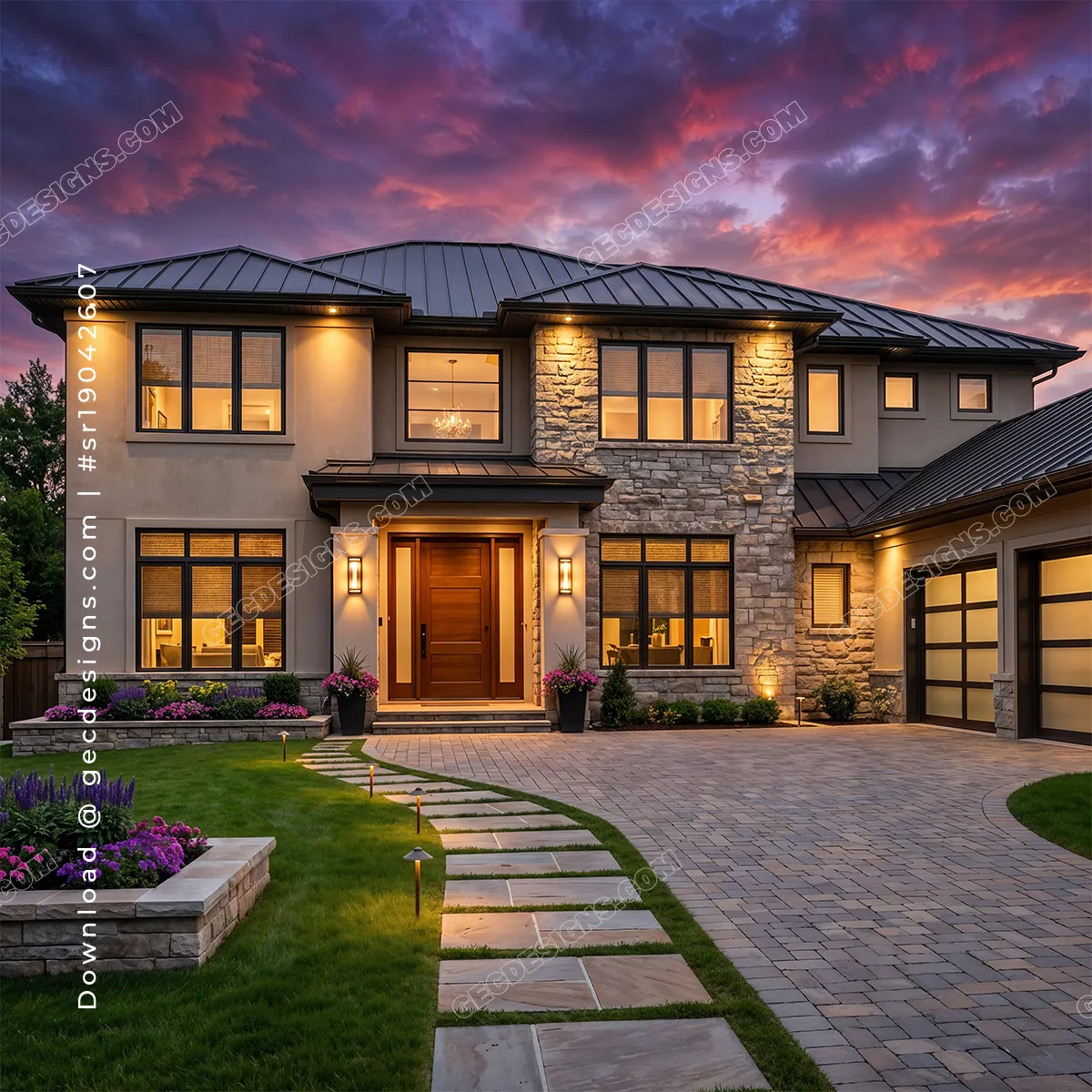 Luxury Modern house exterior with garden and driveway at sunset, Real Estate background image