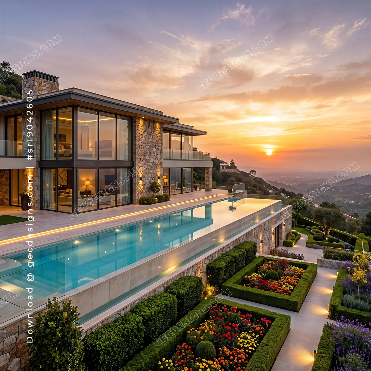 Luxury modern villa with infinity pool at sunset scenic Real Estate background image