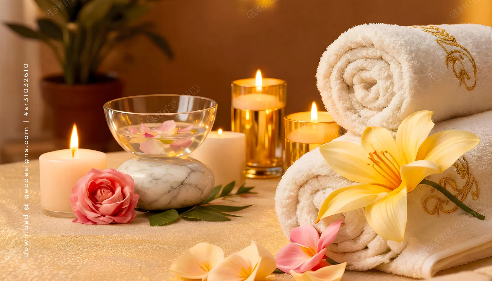 Luxury Spa Still Life with Towels, Candles, and Floral Elegance Beauty Spa Background Images