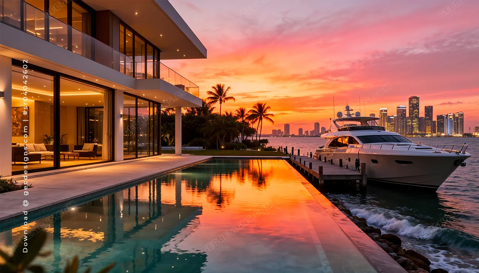 Luxury villa with pool and yacht at sunset, modern waterfront house background image