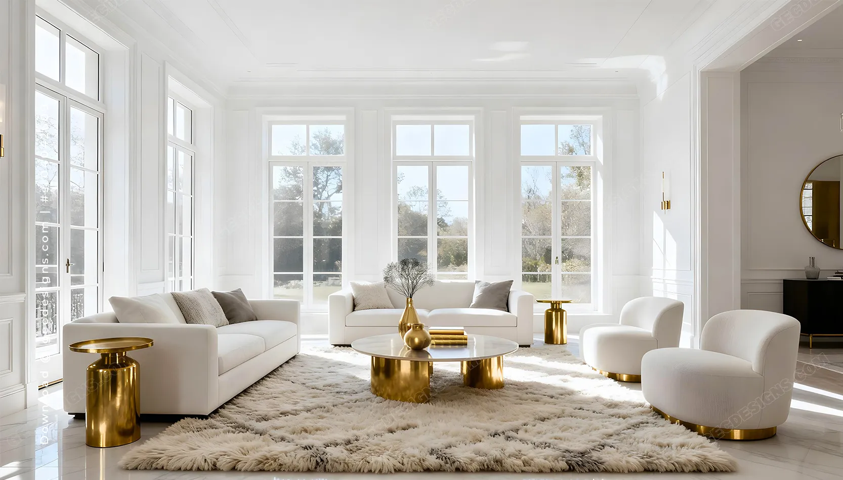 Luxury white living room interior modern minimalist space with gold decor aesthetic background