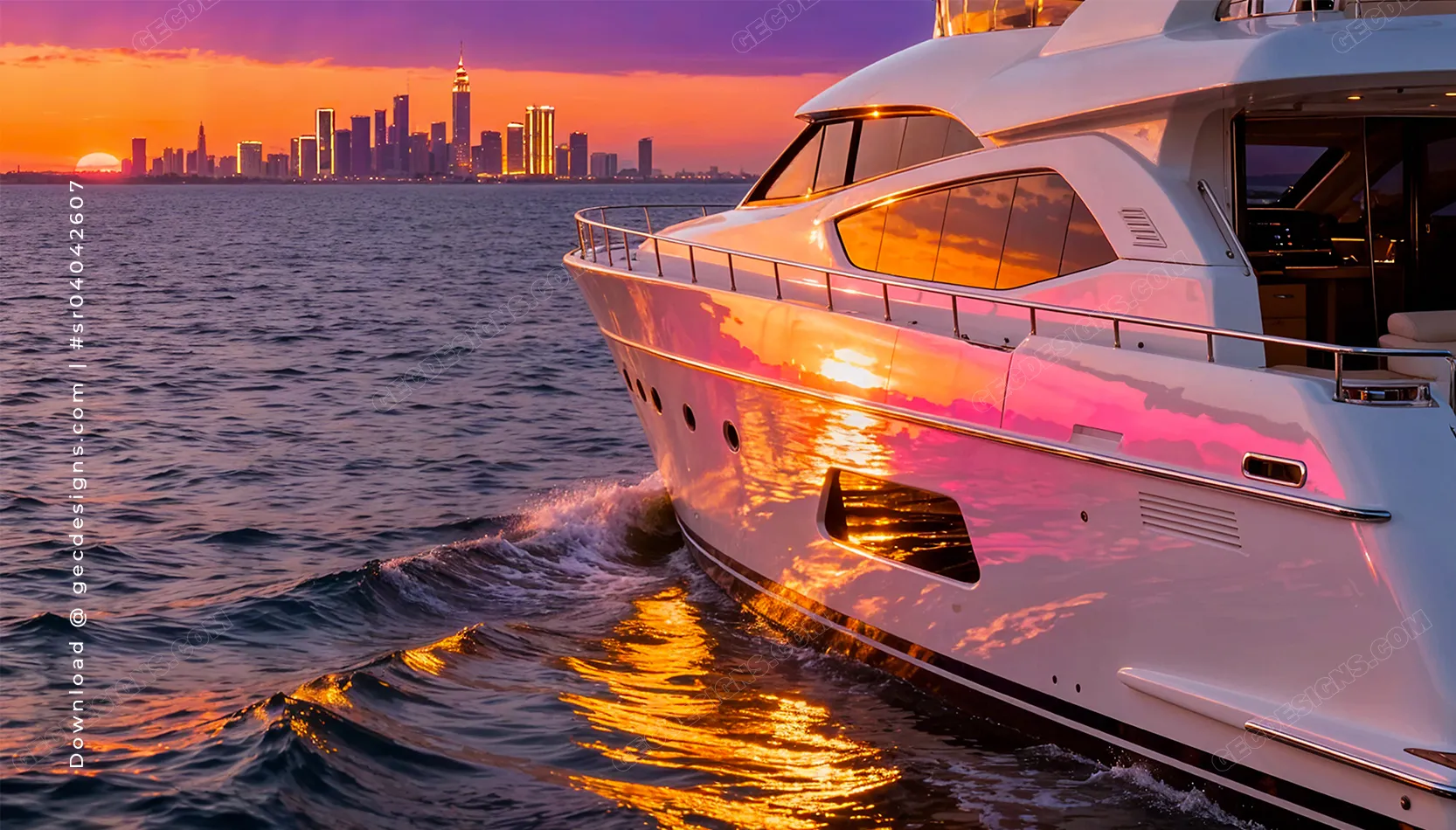 Luxury yacht sunset ocean with glowing reflections and skyline horizon lifestyle background