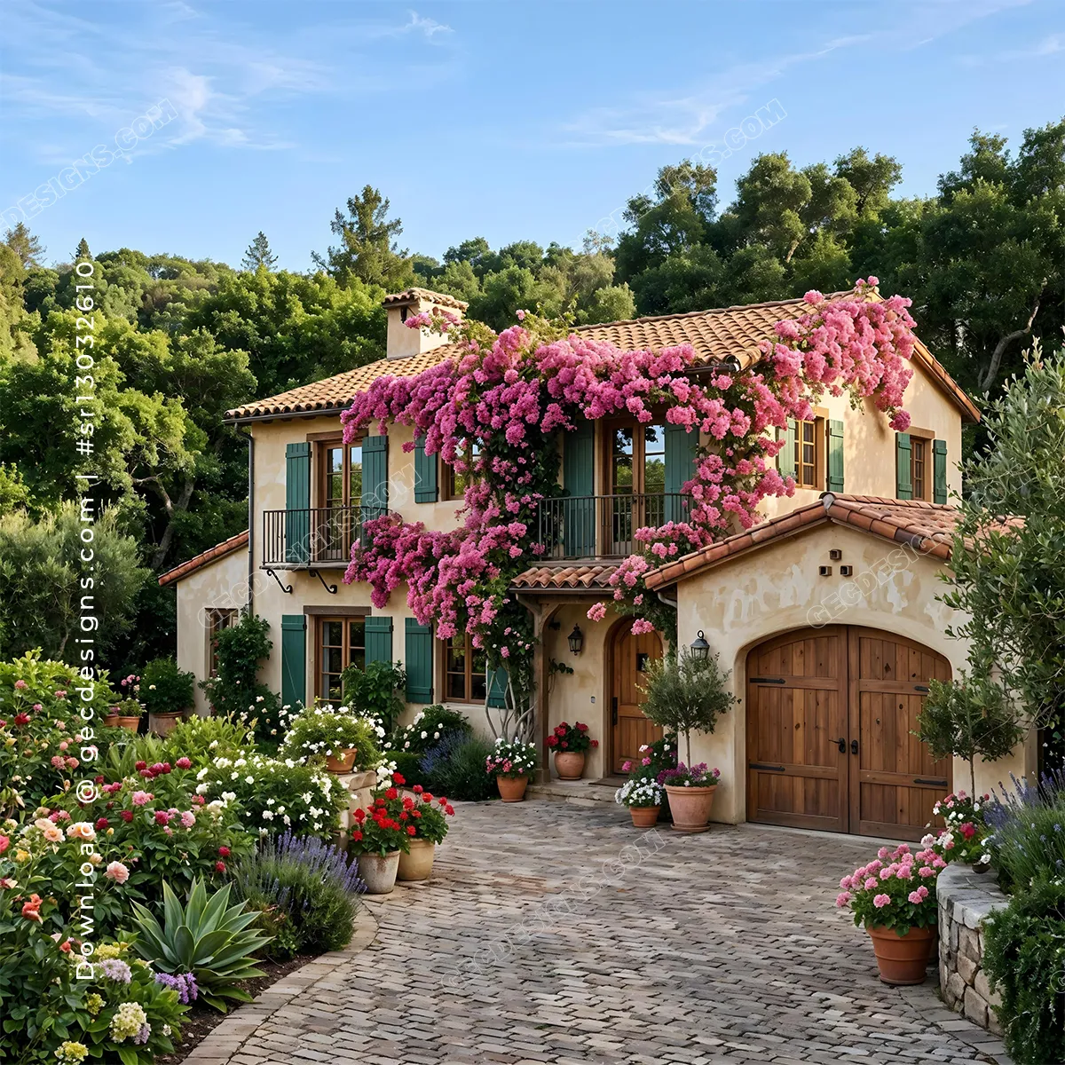 Mediterranean Style Villa Covered in Pink Bougainvillea Flowers, ideal for Real Estate Background Images