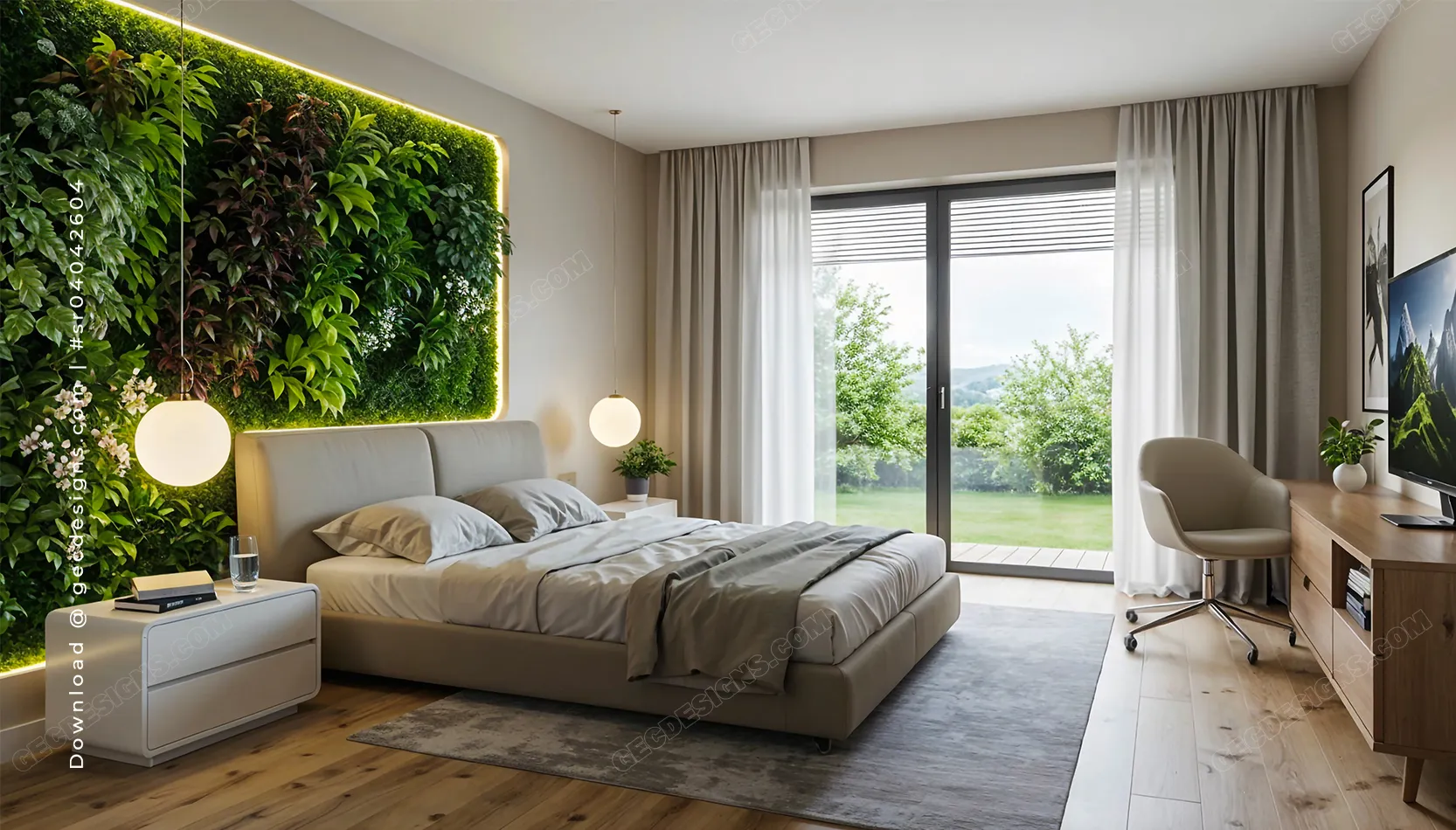 Modern bedroom with plant wall, biophilic interior design aesthetic, room background