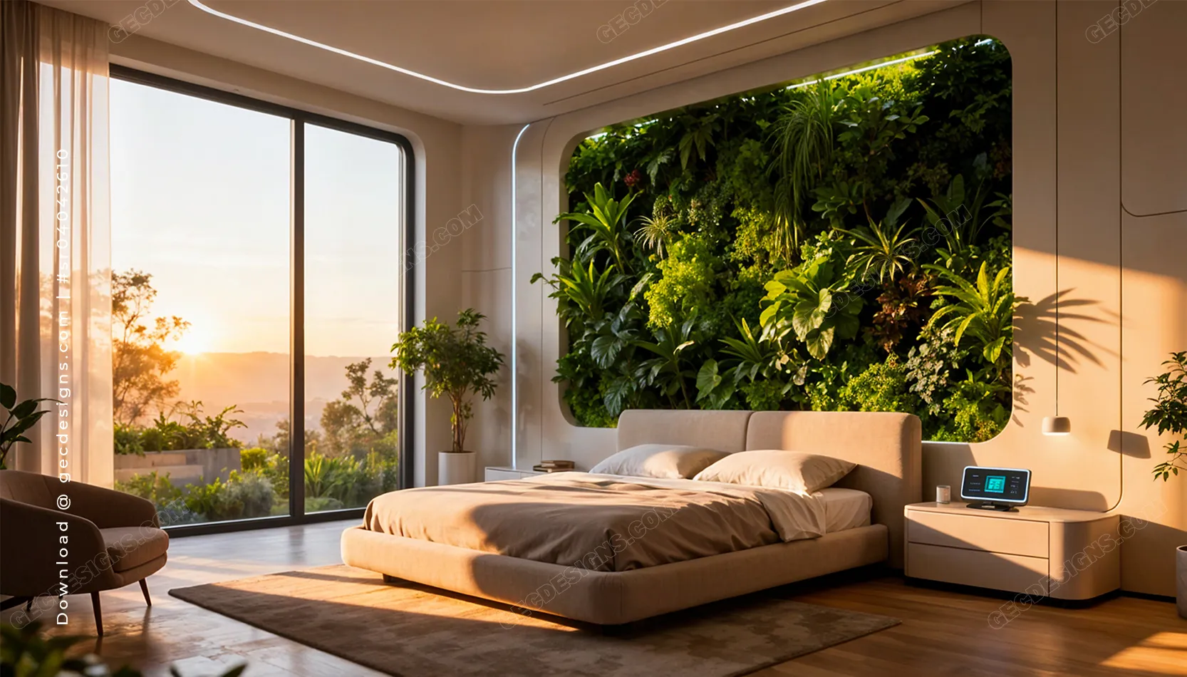 Modern luxury bedroom interior with biophilic design and large window with a sunlight background