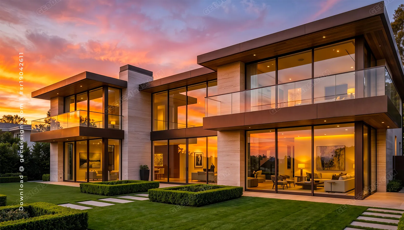 Modern Luxury house with Glass walls and Sunset lighting, Real Estate background image