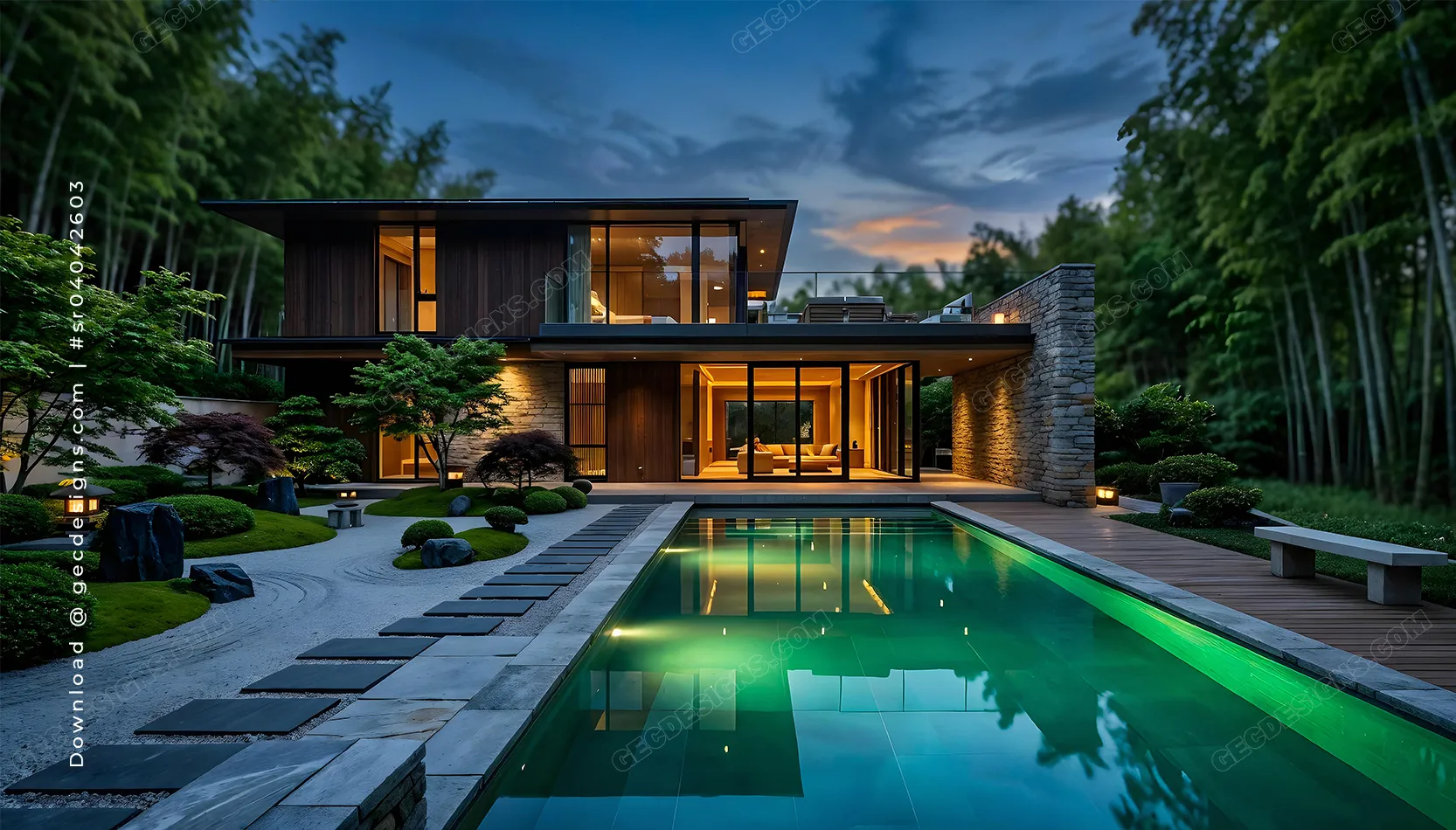 Modern luxury house with pool and garden, evening zen style villa background image