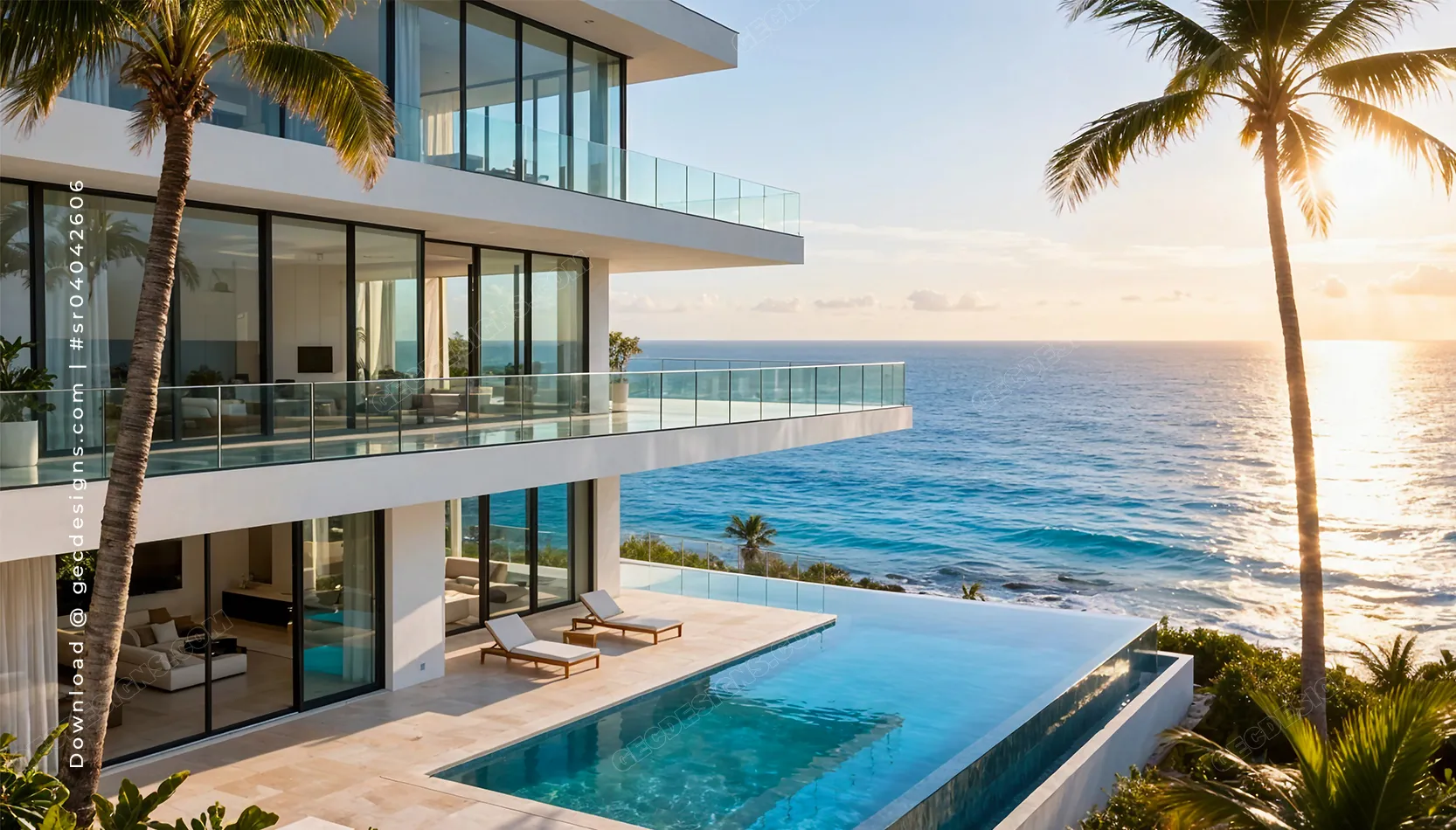 Modern luxury oceanfront villa with pool and balcony sea view sunset background