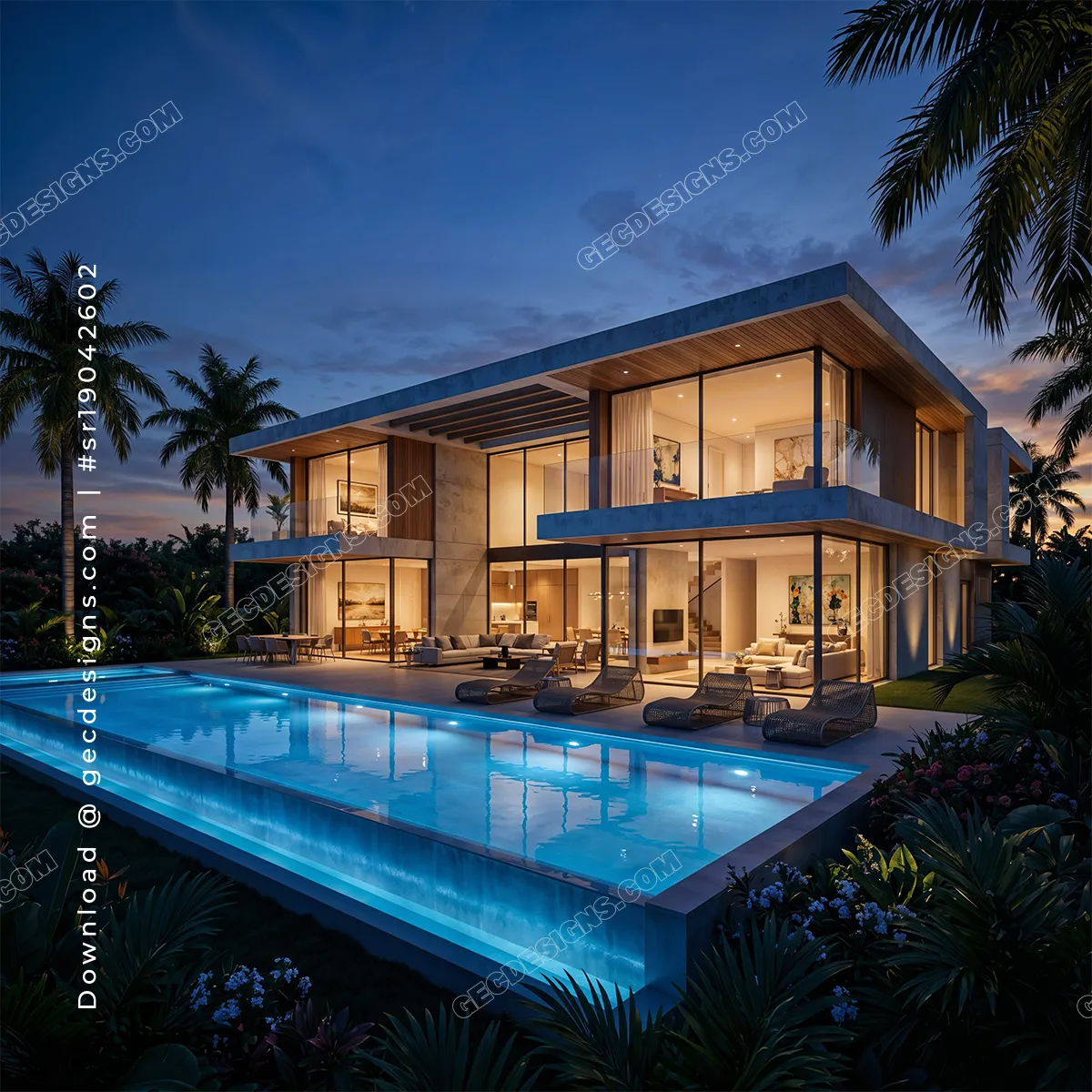Modern Luxury Tropical Villa with Pool at Night, Premium Real Estate Background Images for Property Marketing