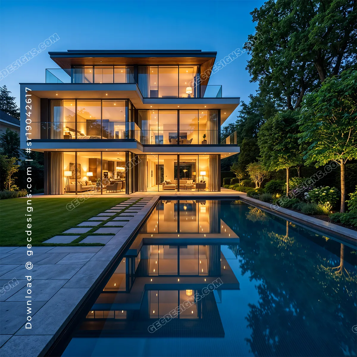 Modern luxury villa with pool at night and glass exterior real estate background image