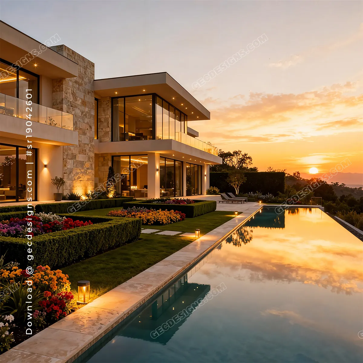 Modern Luxury Villa with Pool at Sunset, Premium Real Estate Background Images for Property Listings