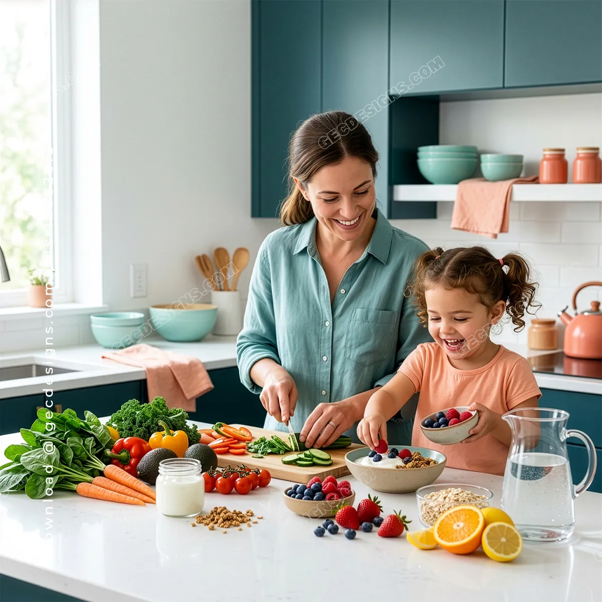 Mother and Daughter Preparing a Healthy Meal Together