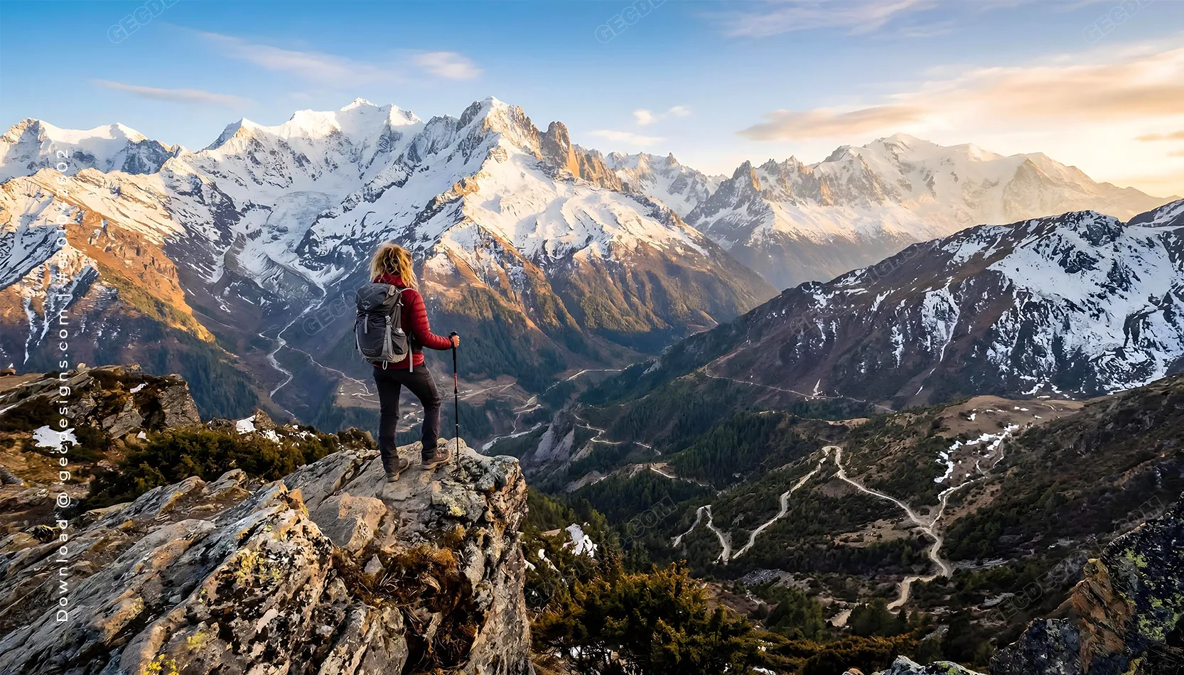 Mountain adventure travel background with a hiker overlooking snow covered peaks and winding valley roads