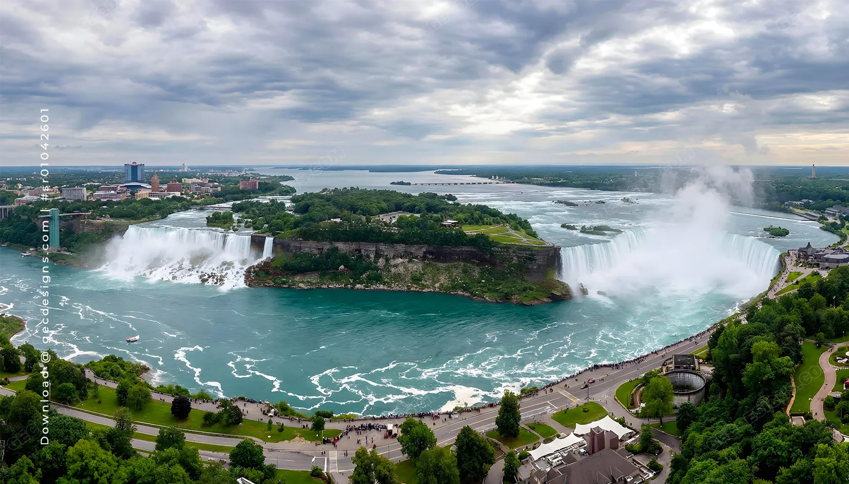 Niagara Falls Travel Background with Scenic Aerial View and Dramatic Waterfalls Landscape