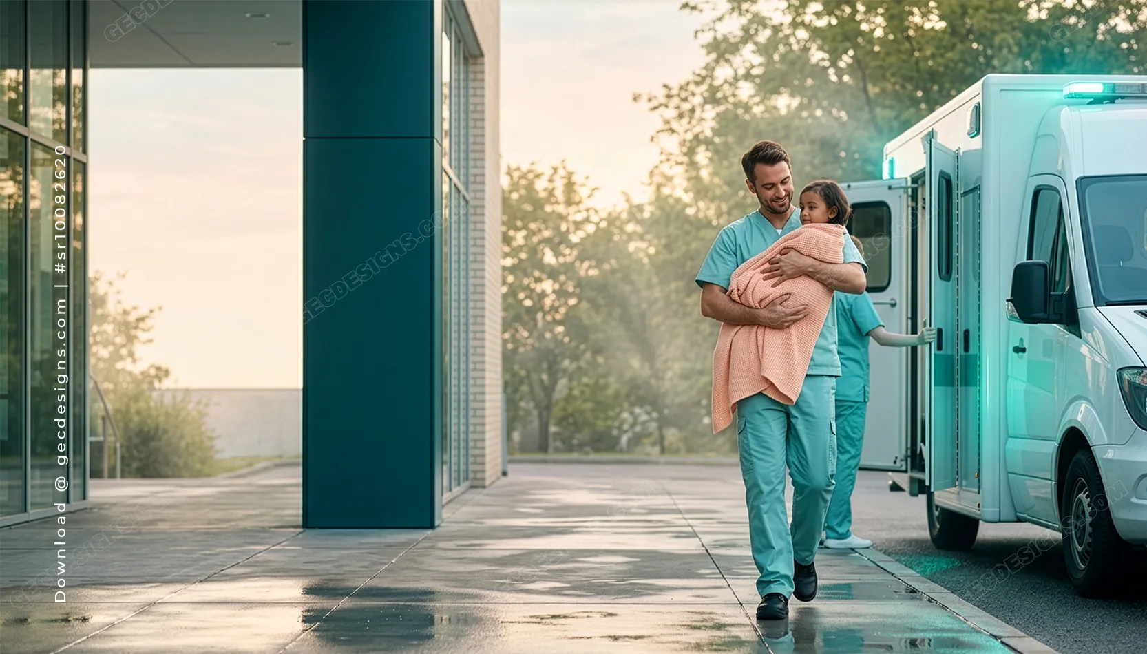 Paramedic Carrying Child from Ambulance to Hospital