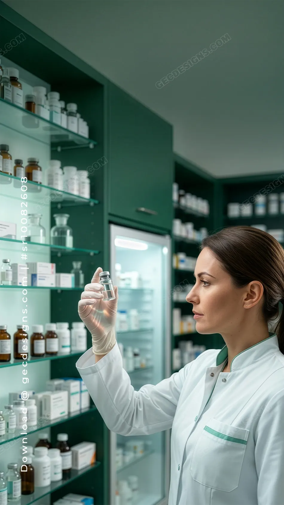 Pharmacist Inspecting Medicine Vial in Pharmacy