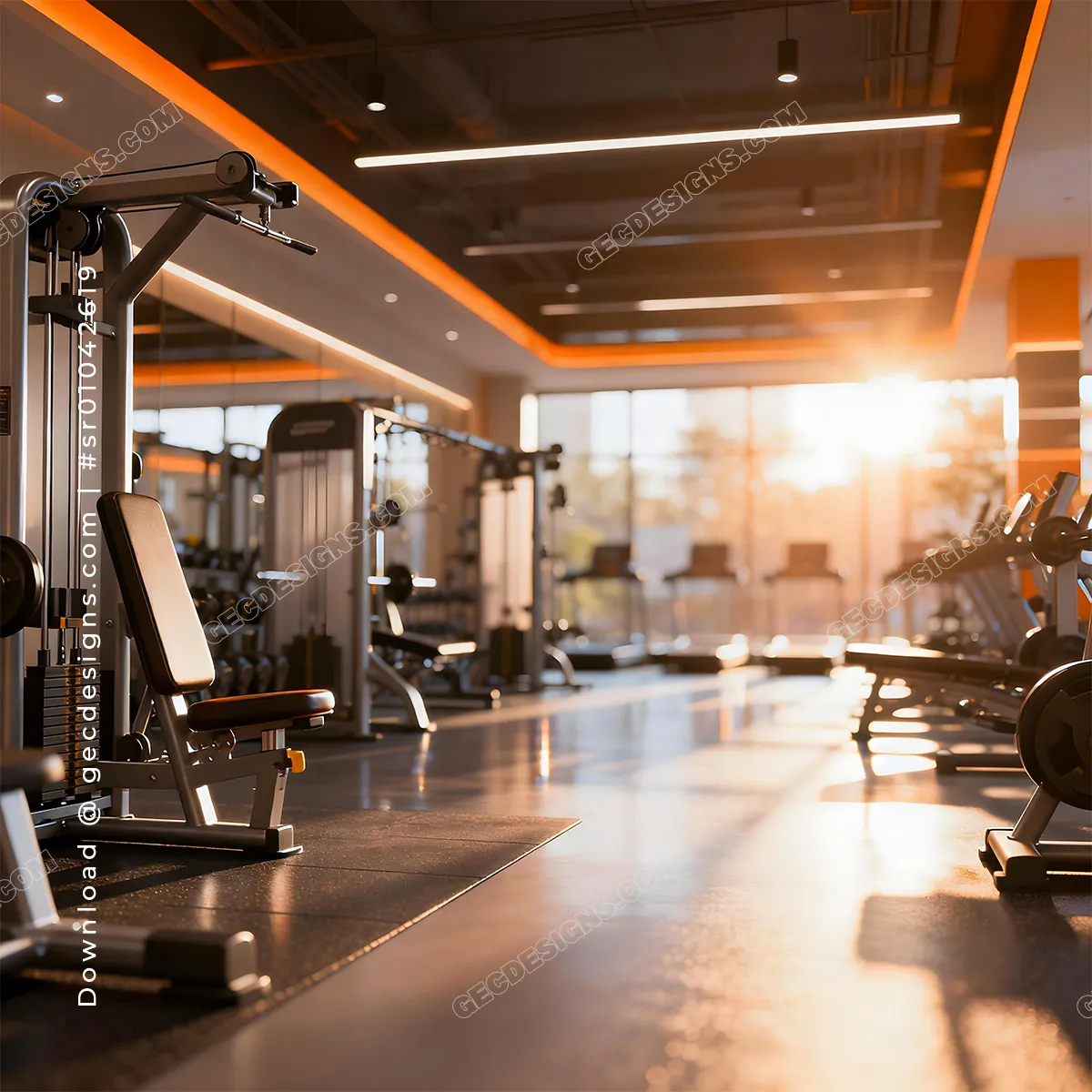 Premium Gym interior with workout equipment and sunlight with copy space, Fitness and Gym background image