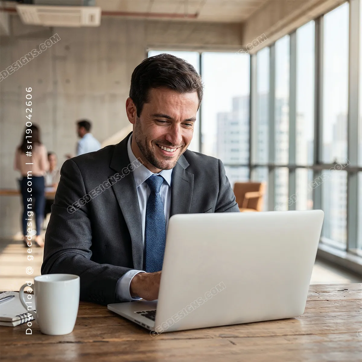 Professional Businessman working on a laptop in a modern office, Business Marketing background image