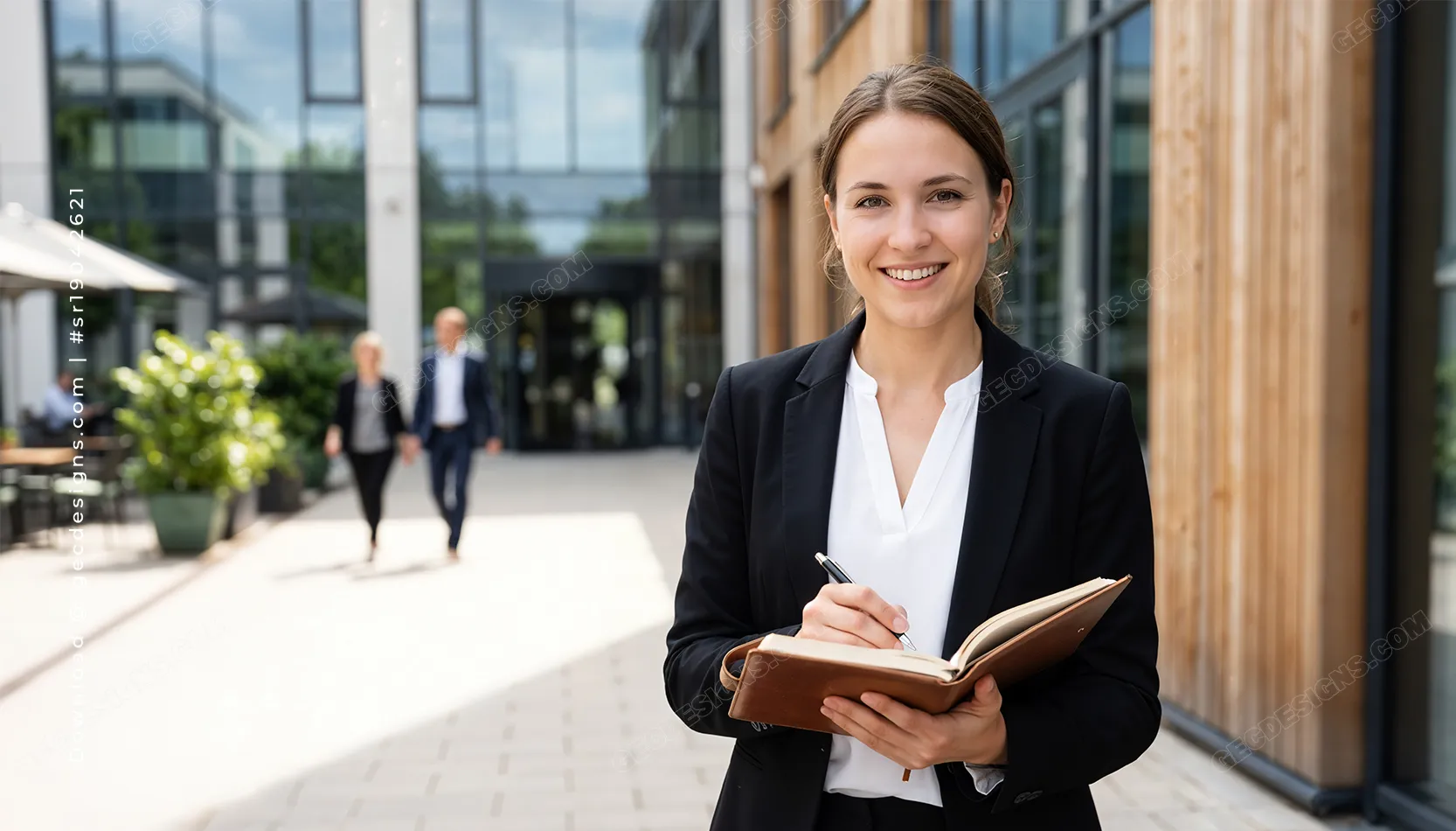 Professional Businesswoman writing in a notebook outside a modern office, Marketing background image
