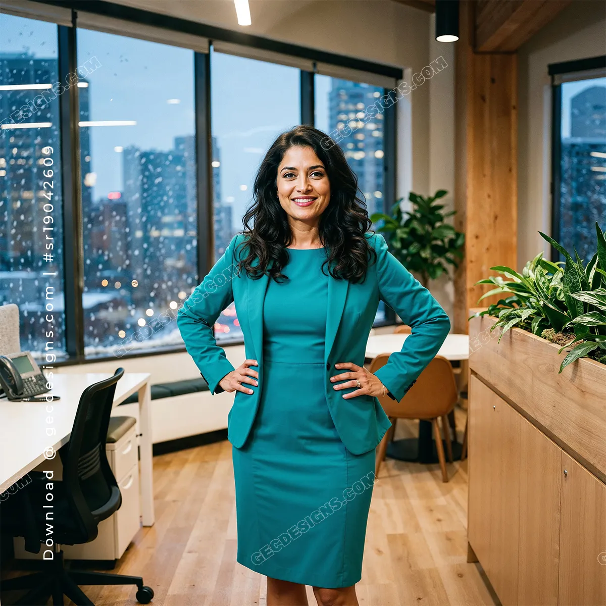 Professional Female Executive in office with city view at night, Business Marketing background image