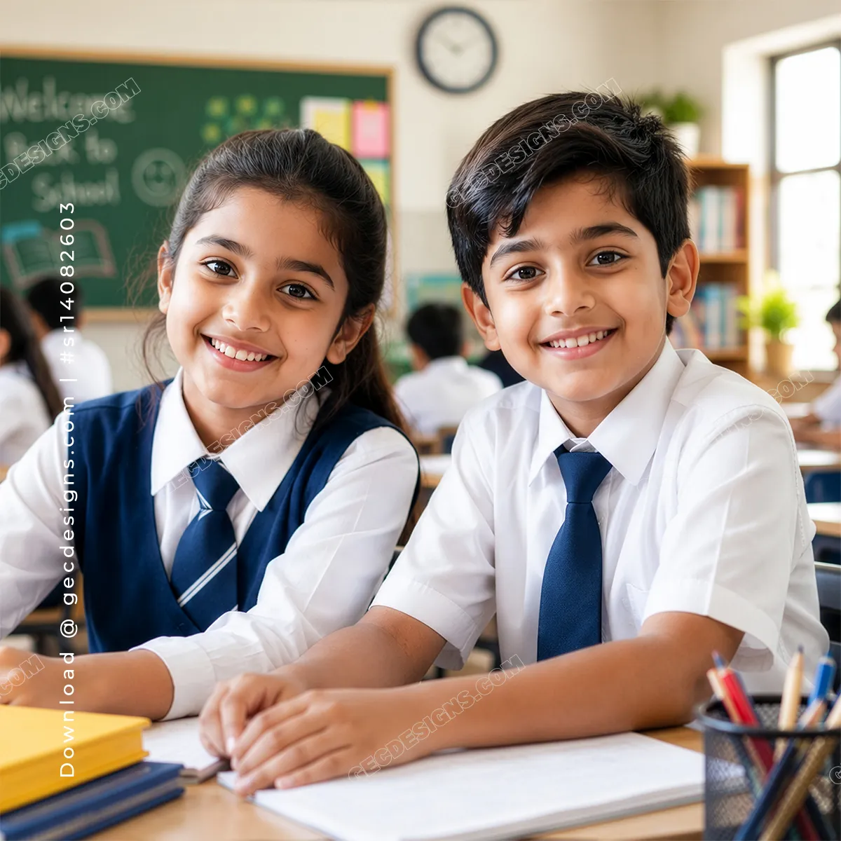 Smiling School Students Studying Together in Classroom