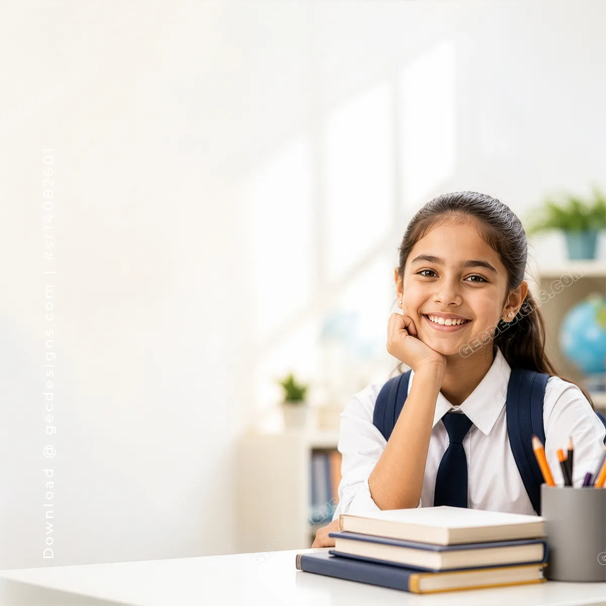Smiling Schoolgirl with Backpack and Books