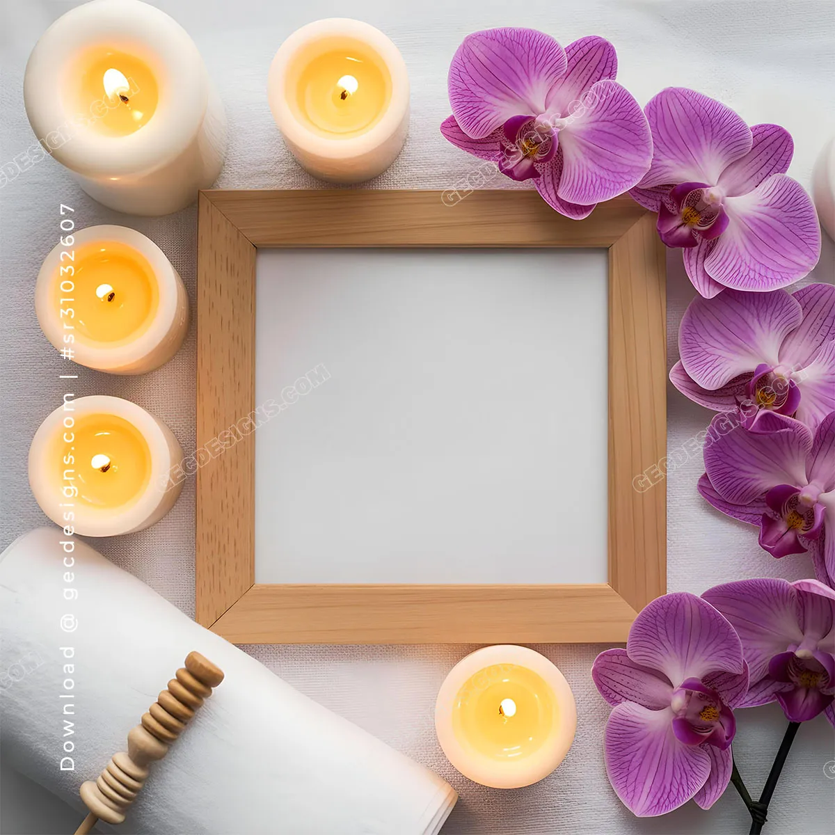 Spa Flat Lay with Candles, Orchids, and Empty Frame for Branding Beauty Spa Background Images