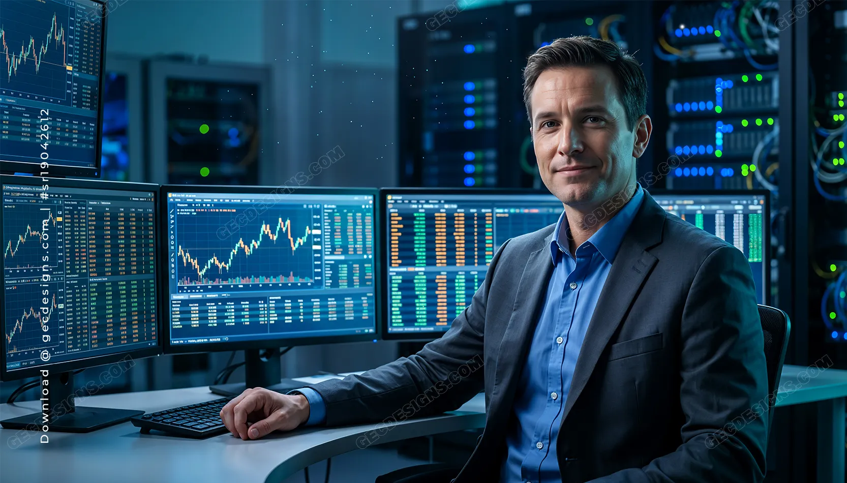 Stock Trader working on multiple screens with financial data, Business Marketing background image