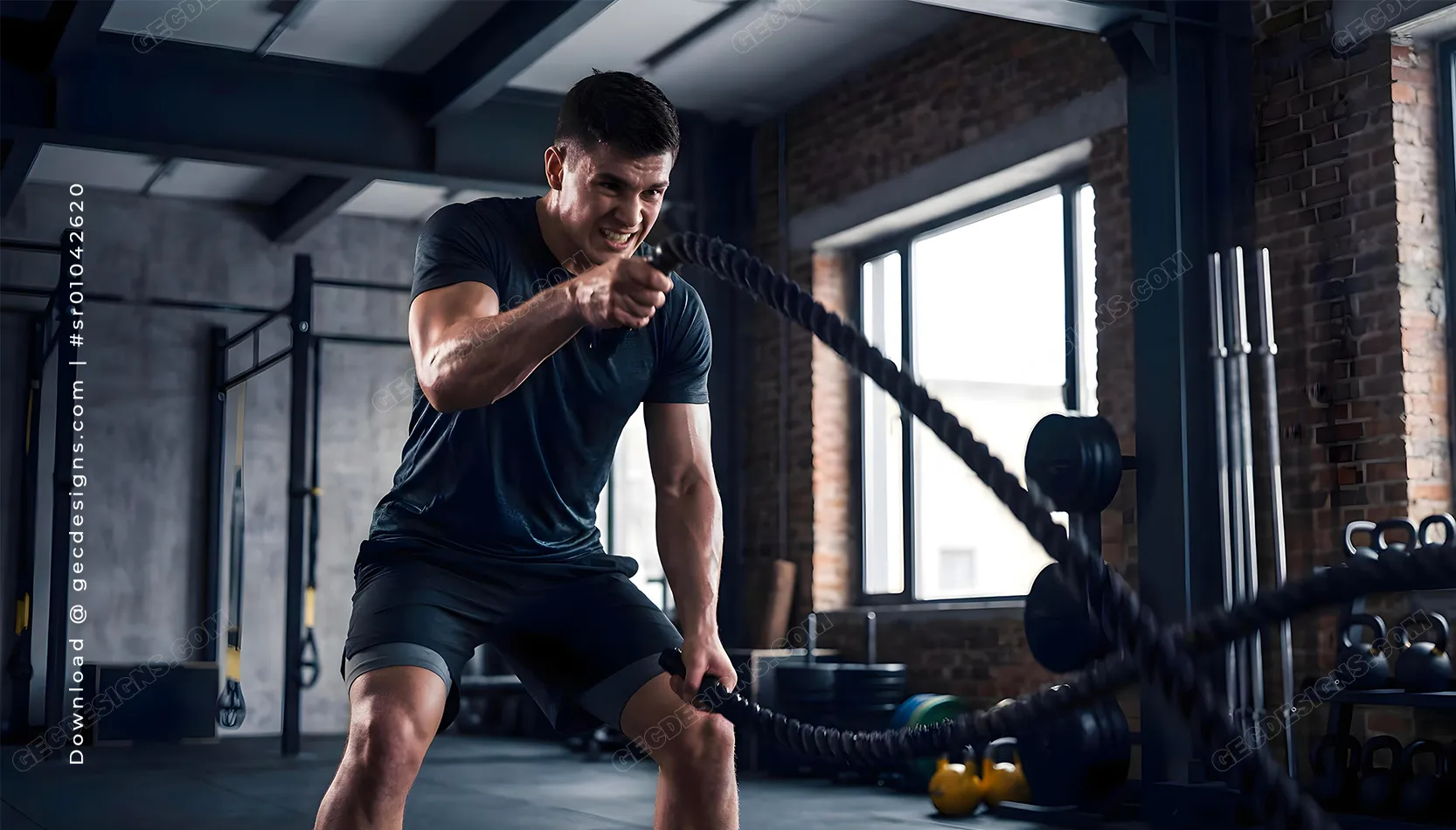 Strong Man training with battle ropes in the gym, functional fitness workout, Fitness and Gym background image