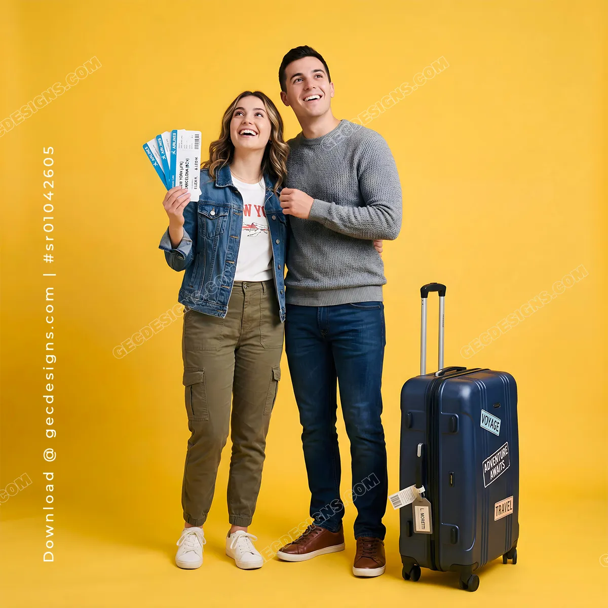 Travel and Tourism Background Image with smiling couple, boarding passes, and luggage for holiday adventure