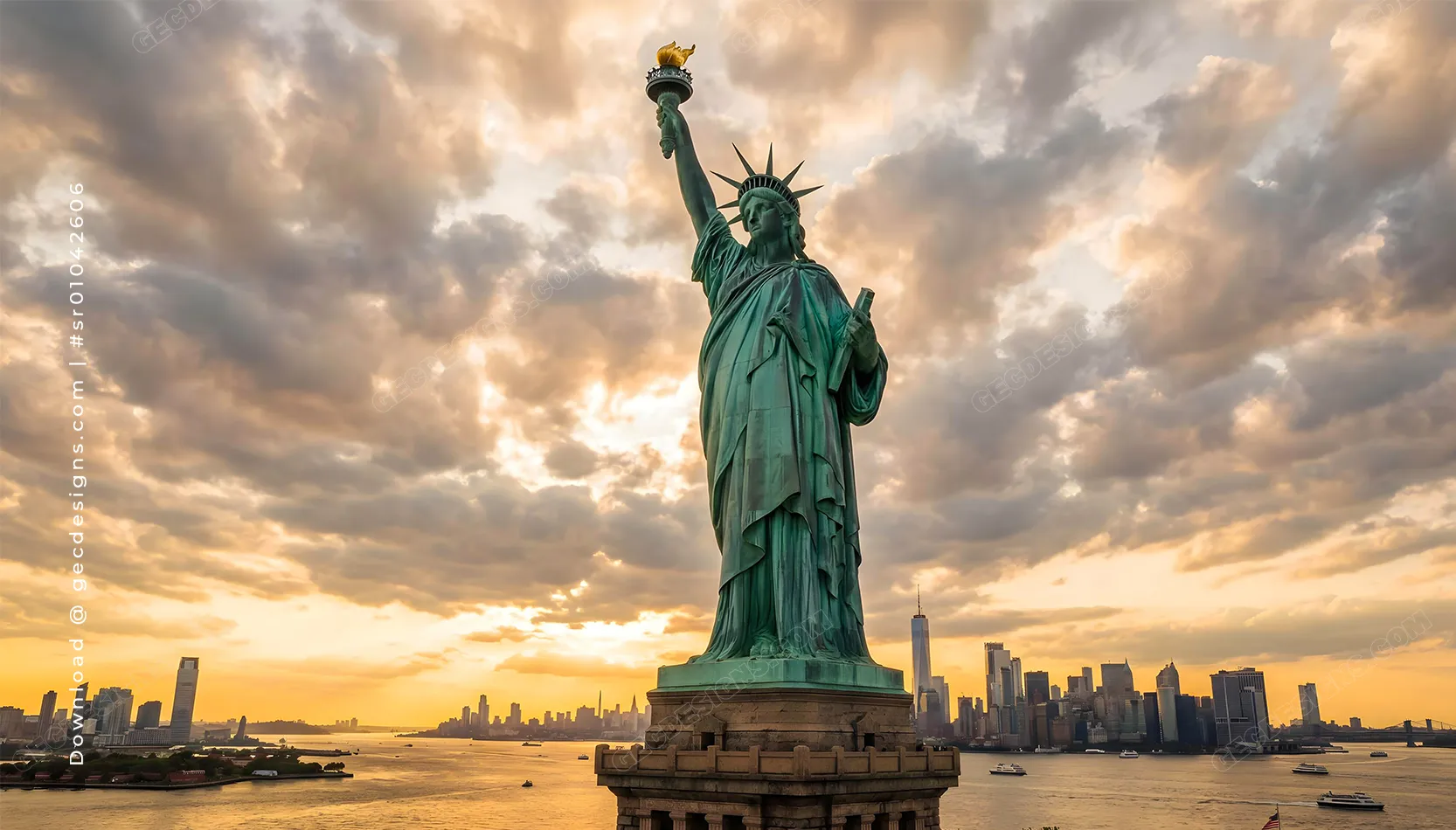 Travel and Tourism Background Images with Statue of Liberty and New York skyline under vibrant sunset clouds