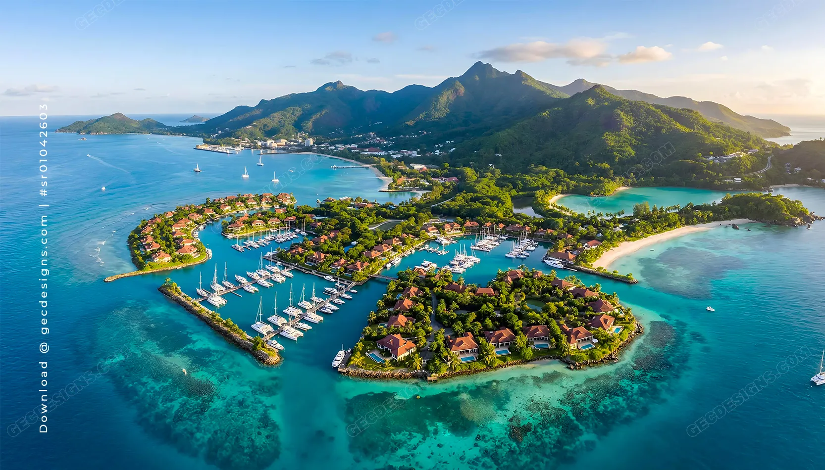 Tropical island travel background with luxury villas, marina, and turquoise ocean aerial paradise view