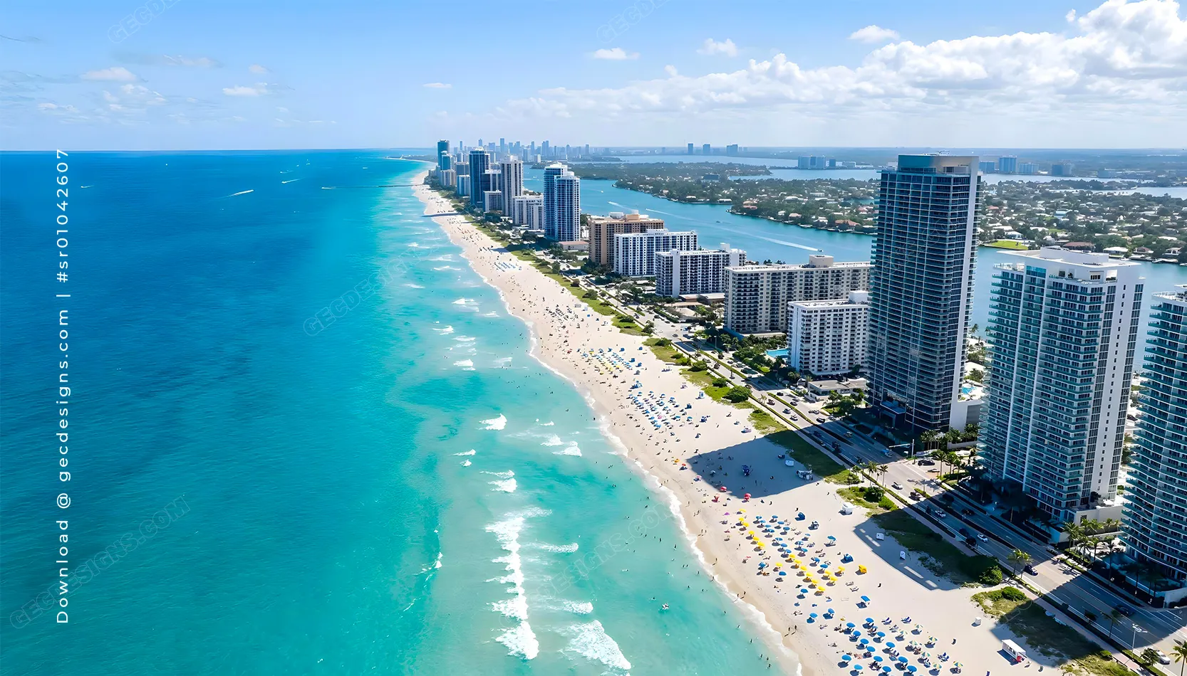 Vibrant coastal skyline with luxury towers and crystal clear sea, ideal for travel and tourism background image
