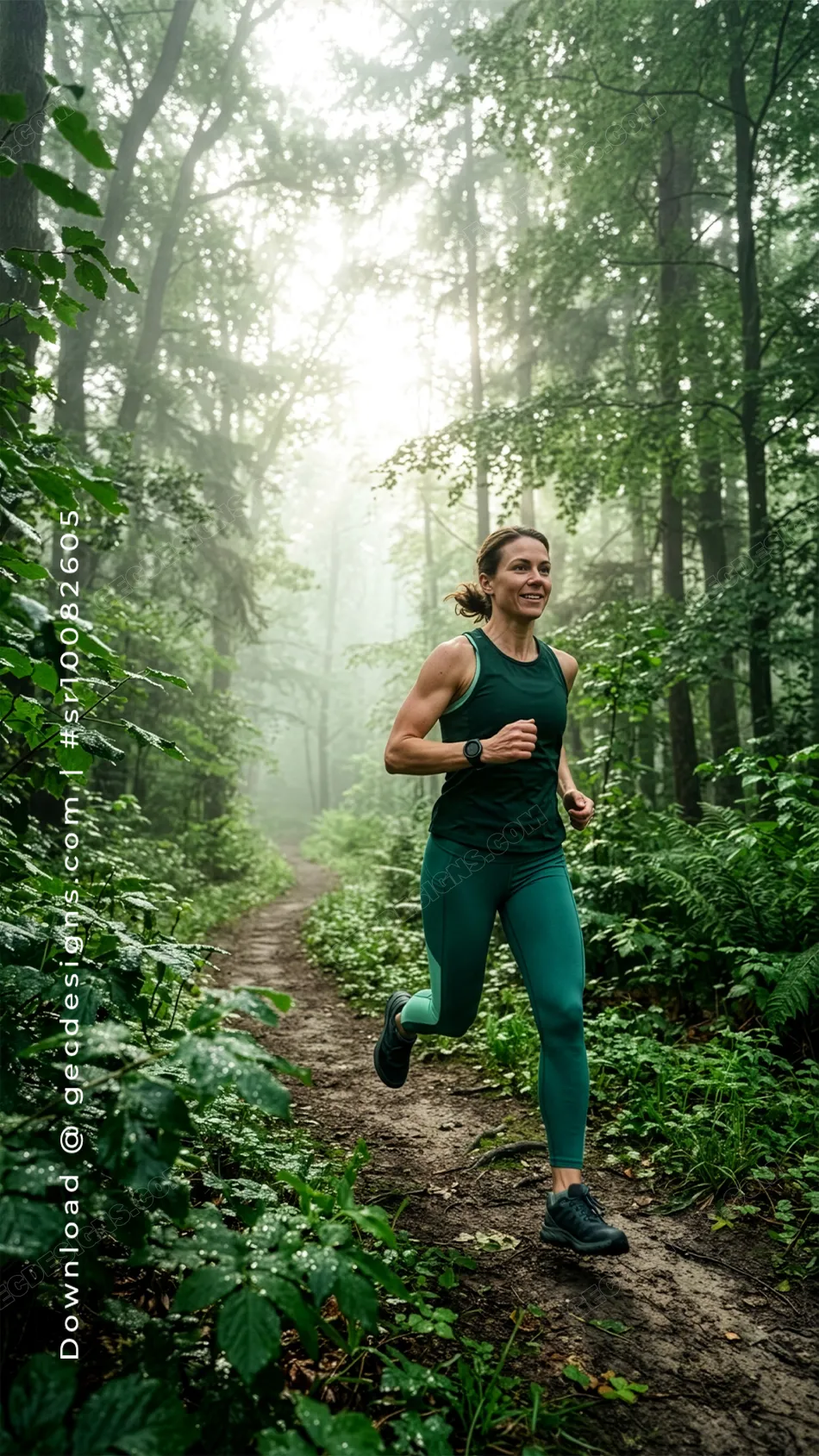 Woman Trail Running Through a Lush Green Forest - Green Pharmacy