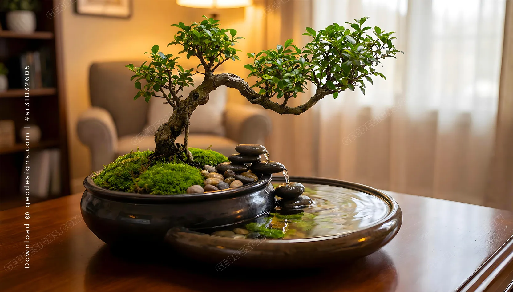 Zen Indoor Bonsai Water Feature Creating a Calm Wellness Ambience for Beauty Spa Background Images