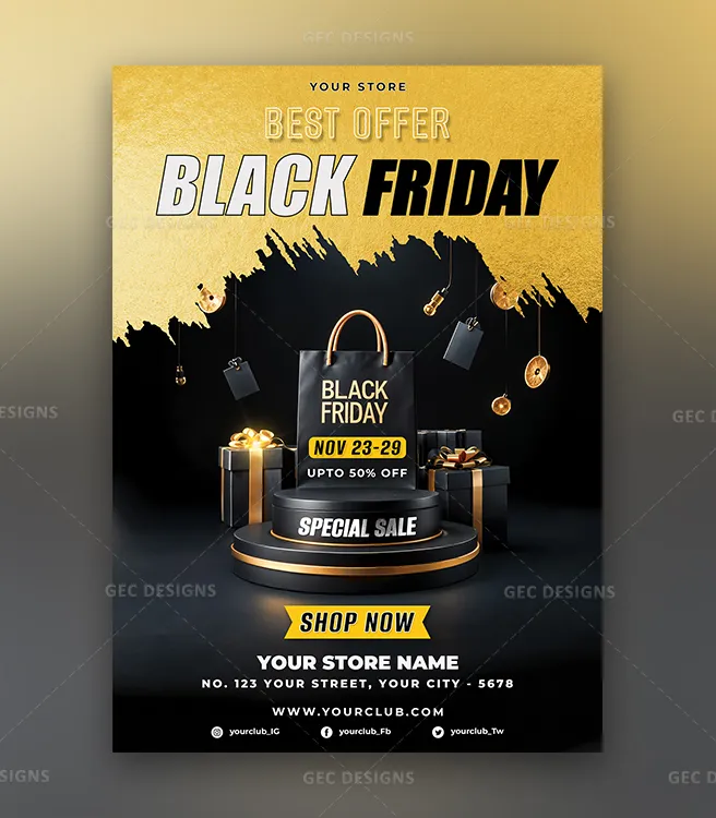 Black Friday Sale flyer design template with Gift boxes in a dark background