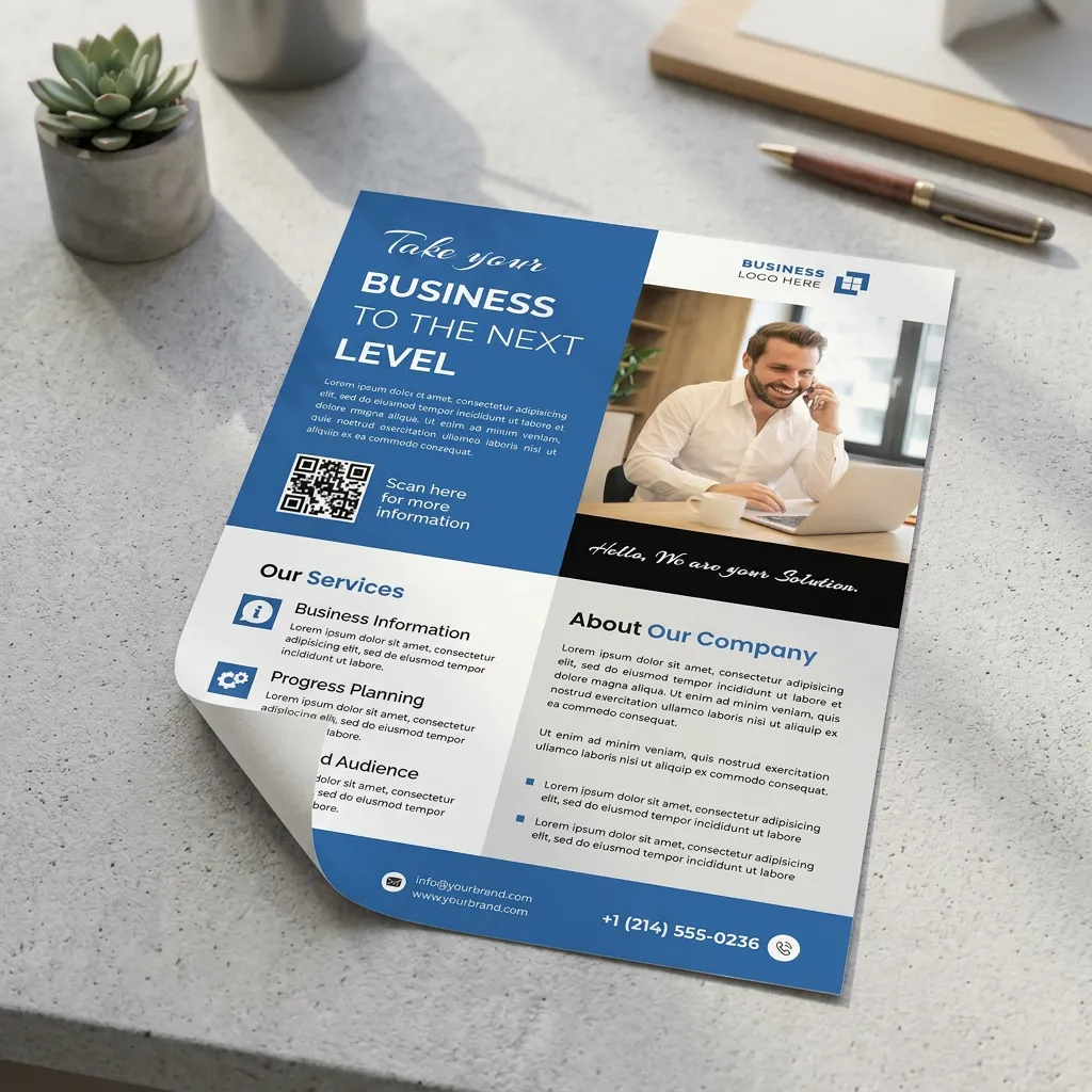 Business consulting flyer psd template with clean blue design for corporate services mockup two
