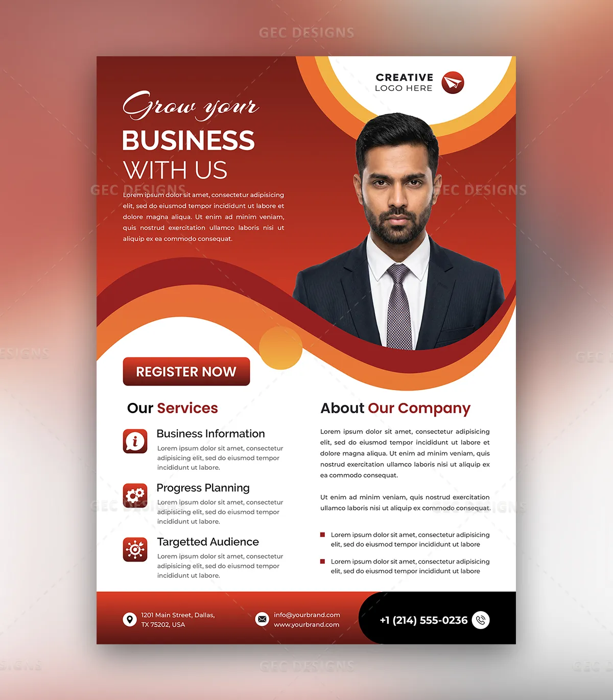 Business Consulting Flyer PSD Template with Modern Red Design for Business Growth Promotion