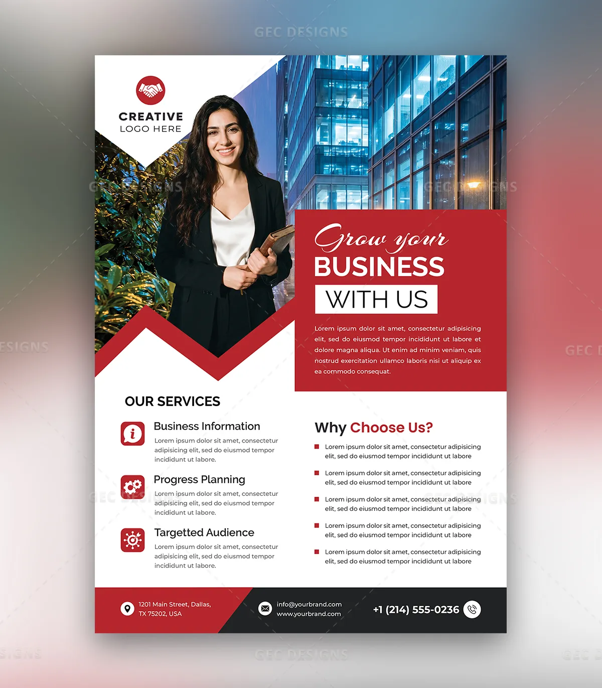 Business Consulting Flyer with Modern Red Design and Professional Service Layout