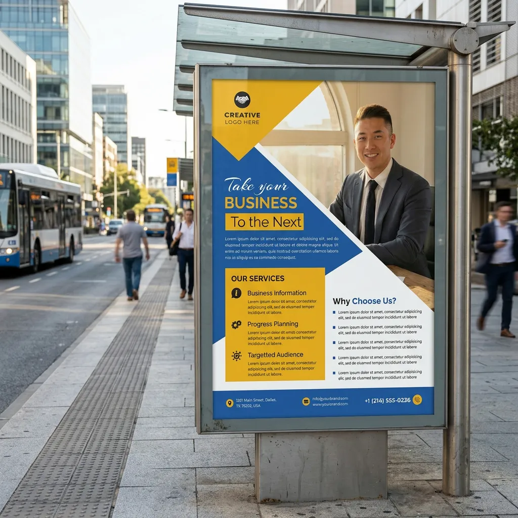 Business consulting flyer with professional blue yellow design and service layout mockup one