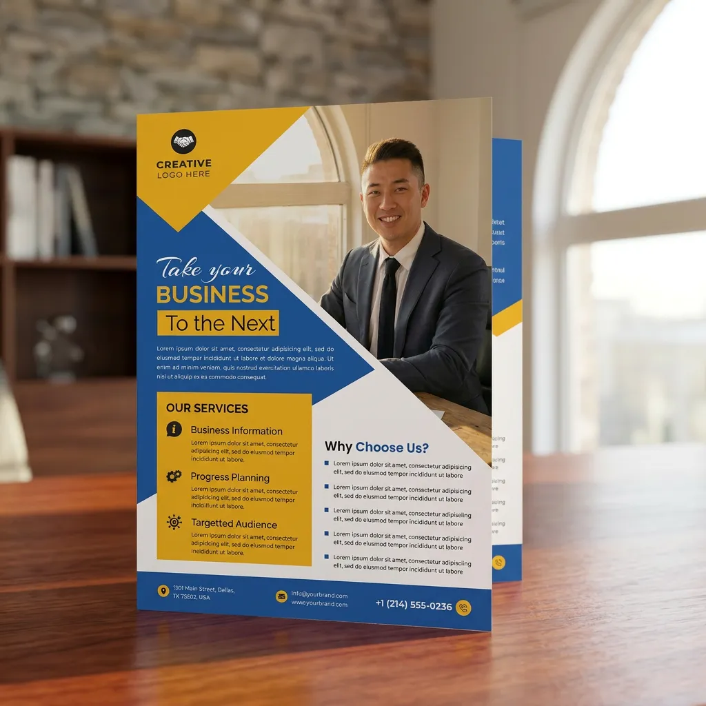 Business consulting flyer with professional blue yellow design and service layout mockup two