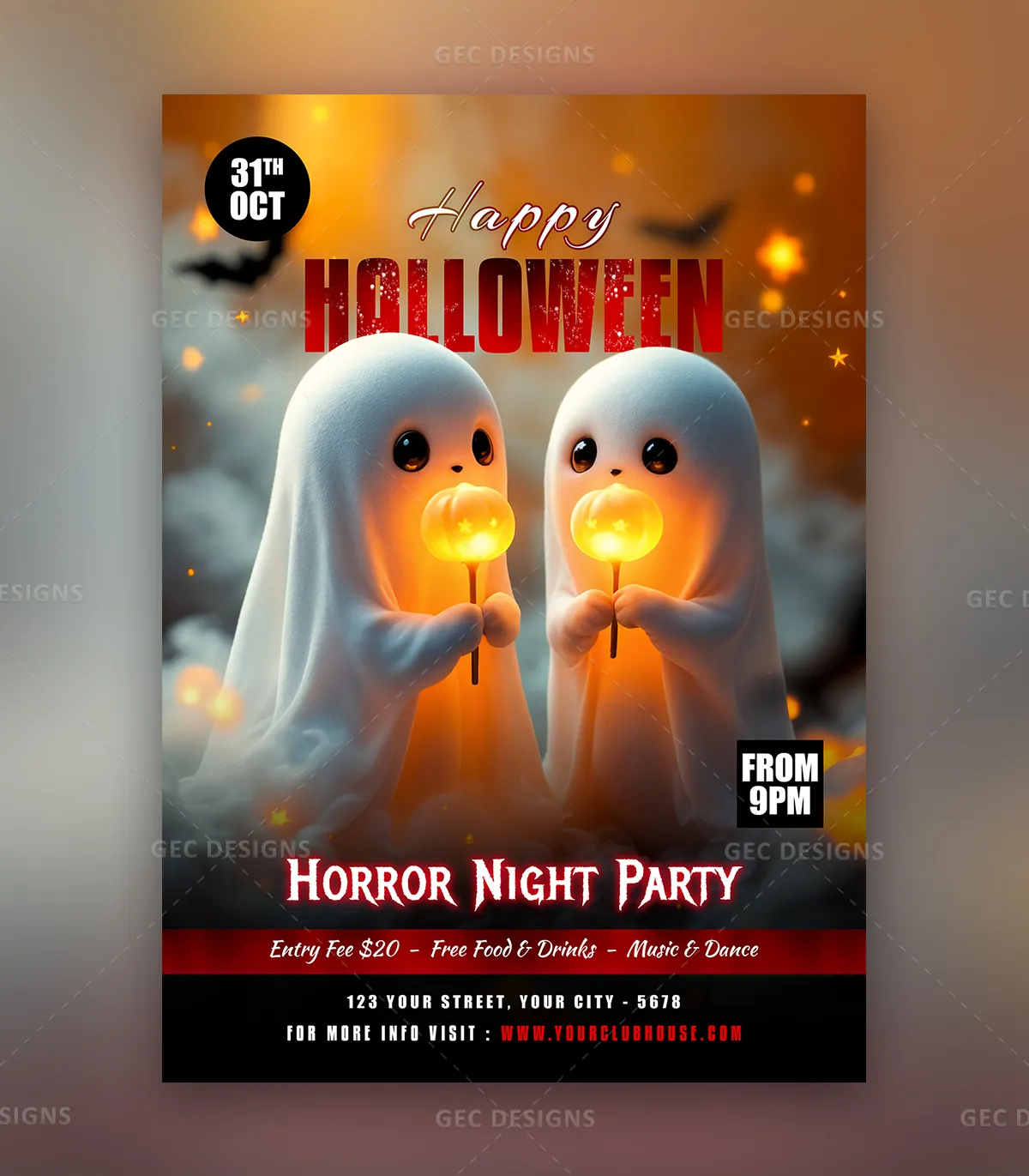 Cute Halloween Party Invitation Flyer Template with Ghost Theme and Horror Night Event Design