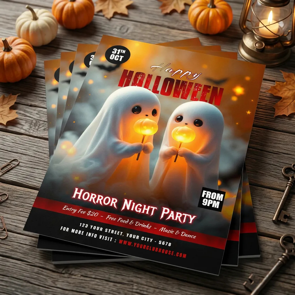 Cute halloween party invitation flyer template with ghost theme and horror night event design mockup one