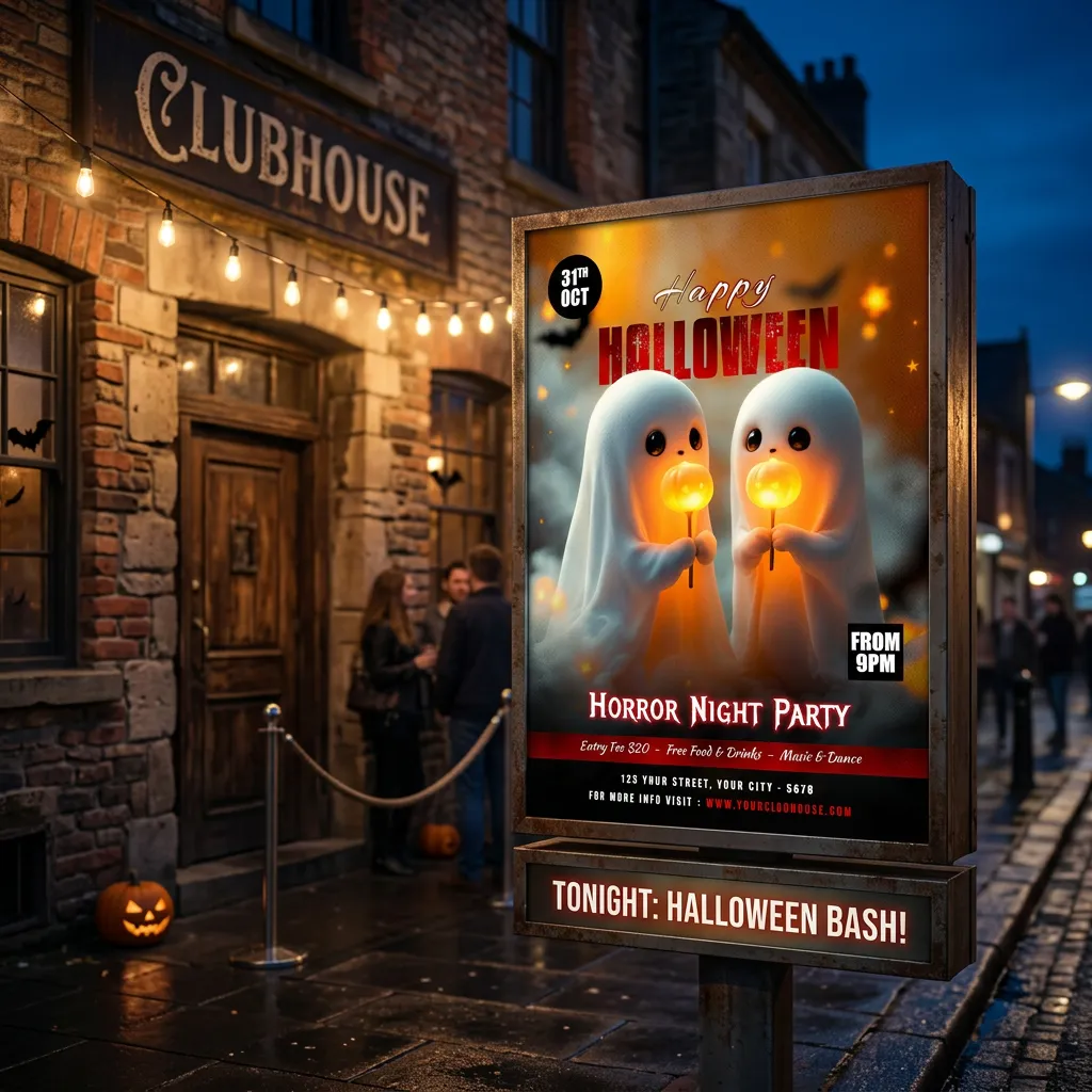 Cute halloween party invitation flyer template with ghost theme and horror night event design mockup two