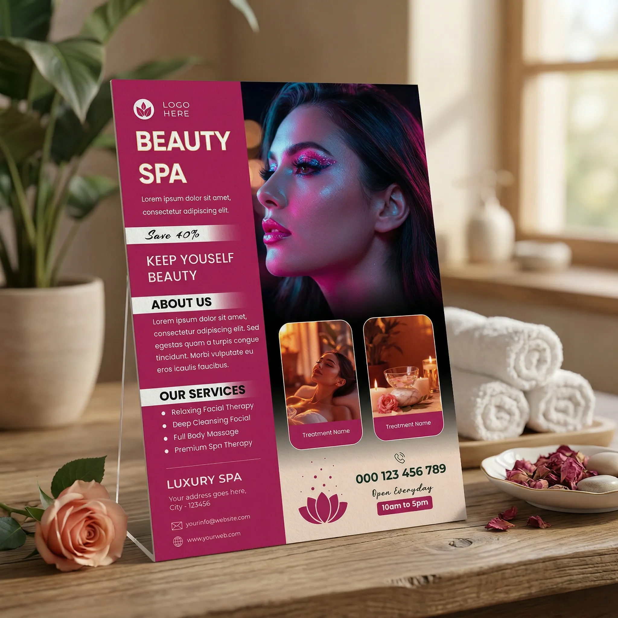 Editable beauty spa flyer template PSD for skincare promotion and salon marketing design mockup two