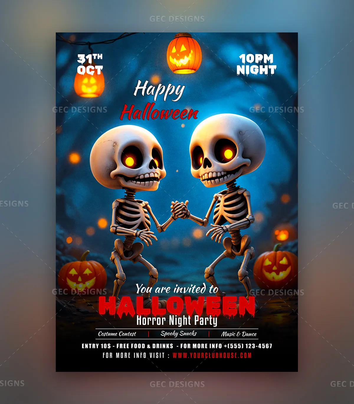 Halloween Party Invitation Flyer Template with Cute Skeleton Theme and Spooky Night Event Design